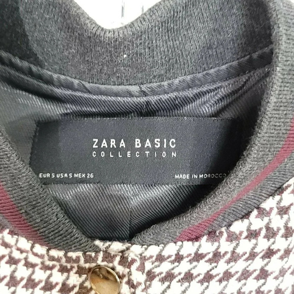 Zara Basic Womens Medium Burgundy Wool Tweed Houndstooth Suede Varsity Jacket S - Picture 5 of 6